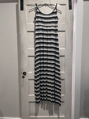 Calvin Klein Black, Gray and White Striped Maxi Dress